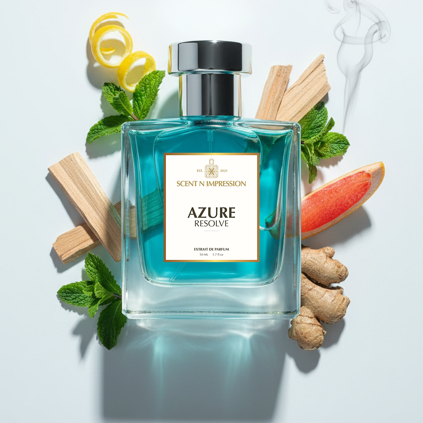 


Blue perfume bottle labeled 'Azure Resolute' surrounded by mint leaves, lemon slices, and wood elements on a light background