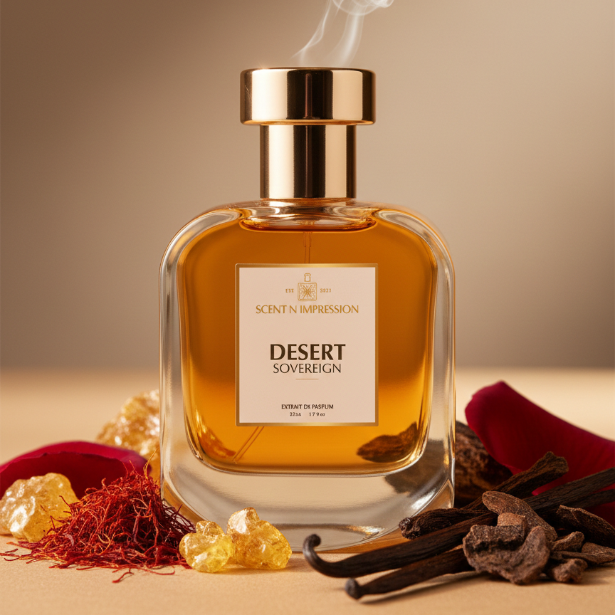 Perfume bottle labeled 'Desert Sovereign' with smoke and spices on a beige background