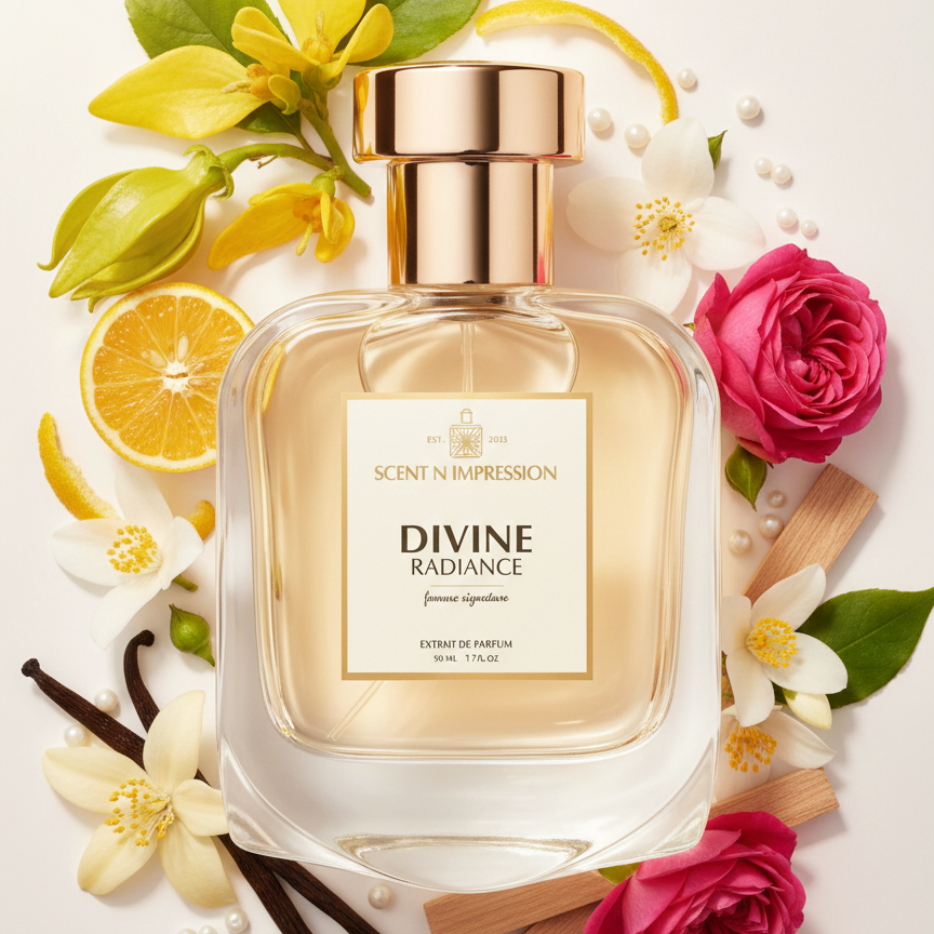Perfume bottle labeled 'Divine Radiance' surrounded by flowers and fruits on a light background
