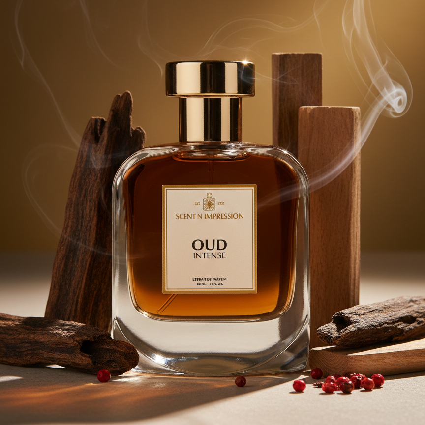 Perfume bottle labeled 'Oud Intense' with wooden elements and smoke on a warm background