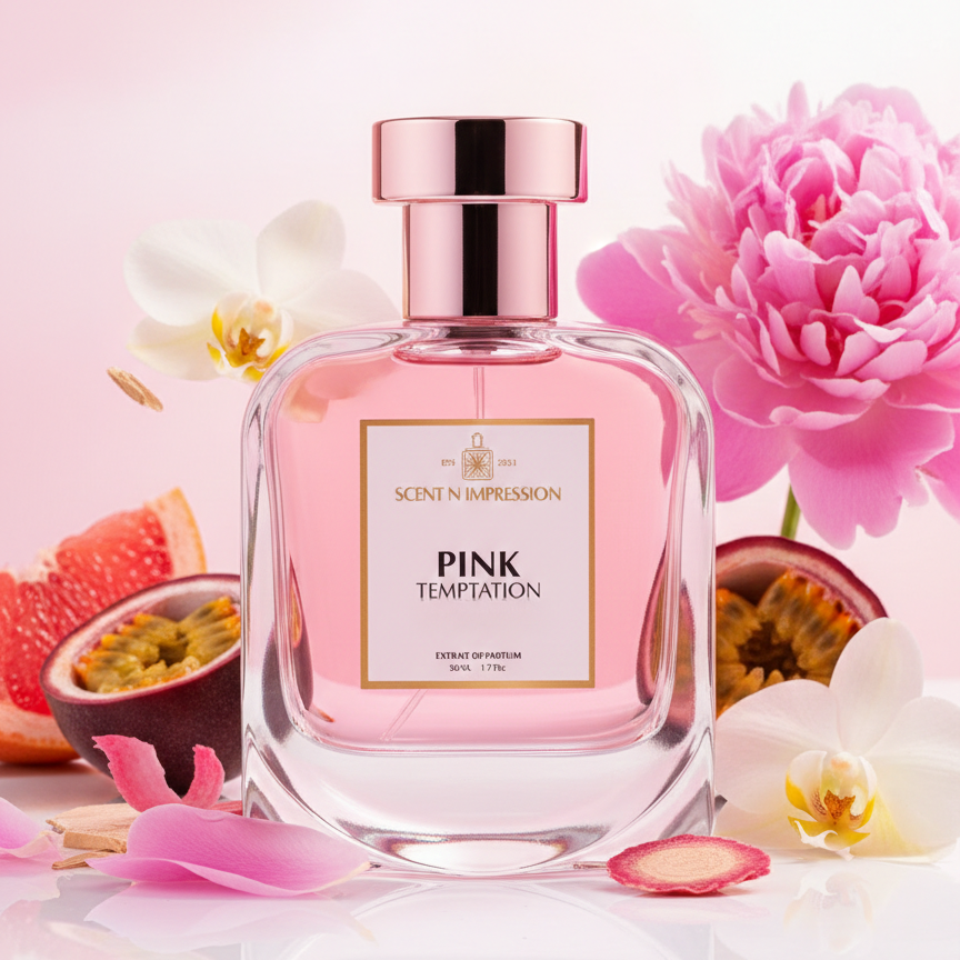 Perfume bottle labeled 'Pink Temptation' surrounded by flowers and fruits on a light pink background